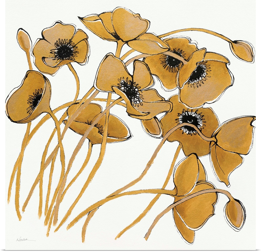 Square painting of metallic gold poppy flowers with black centers on a solid white background.