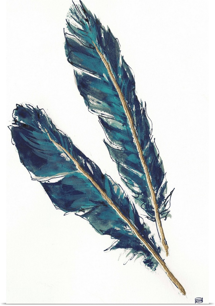 Large vertical painting of two feathers with metallic blue and gold paint.