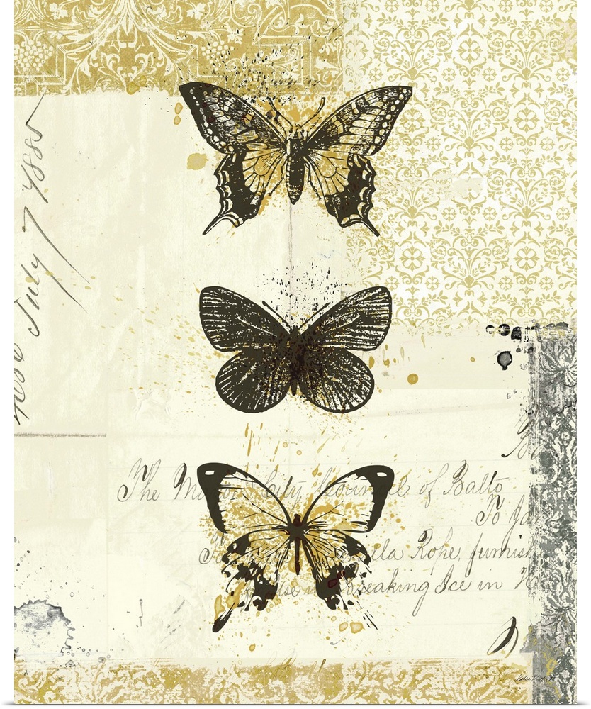Contemporary artwork of three insects lined from top to bottom, on golden and weathered looking background.