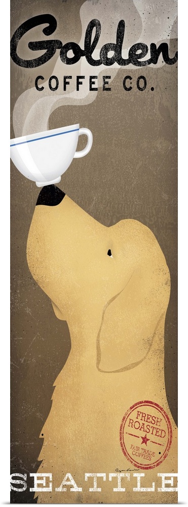 Contemporary artwork of a yellow dog in profile with a coffee cup balanced on his nose.