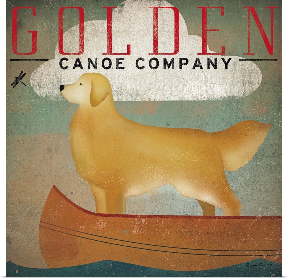Retro-style artwork of a golden retriever dog standing in a canoe under a single cloud, looking at a small dragonfly.