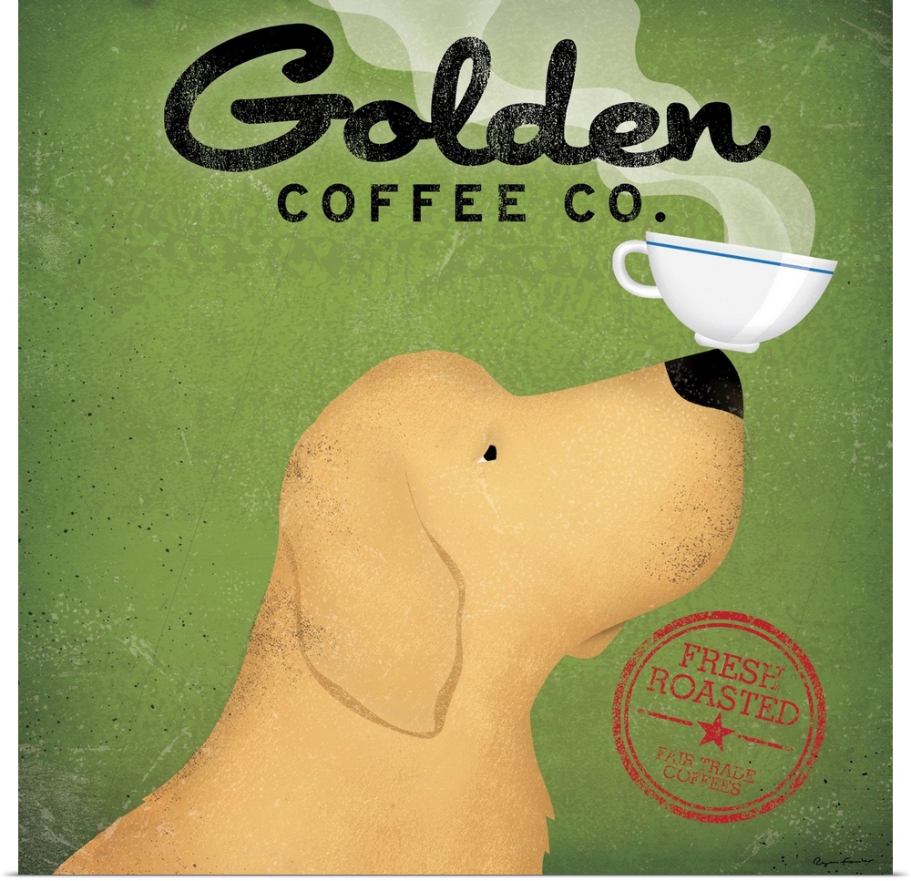 A whimsical decorative wall accent of a cartoon Golden Retriever balancing a saucer of coffee on his nose advertising a br...