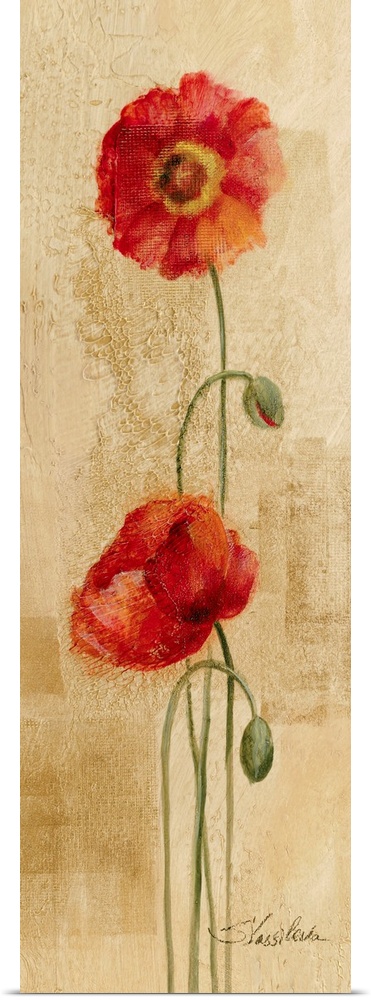 Big, vertical home art docor of two fully bloomed poppy flowers, standing upright on thin stems, next to two dropping buds...