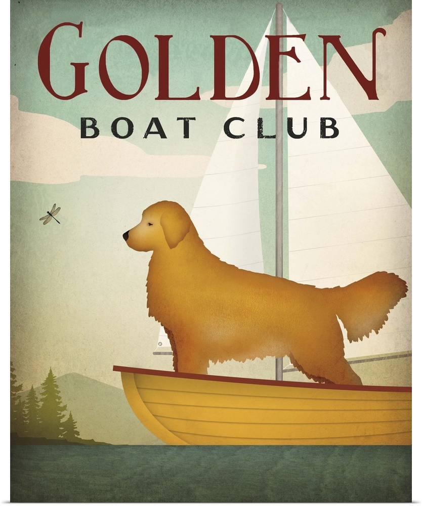 Contemporary artwork of a golden retriever on a sailboat.