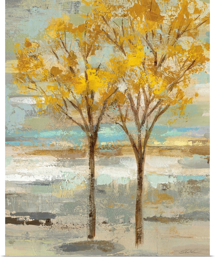 Abstract painting of two golden leafed trees on a colorful background made up of blue, green, tan, and gray short brushstr...