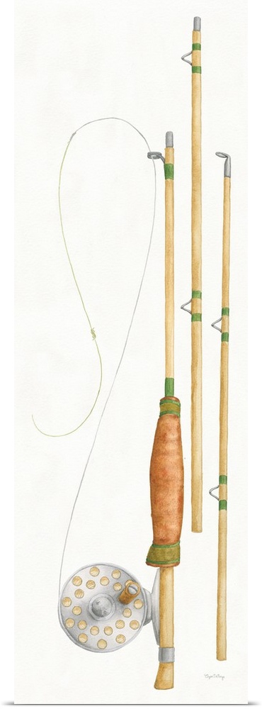 Large watercolor painting of a fly fishing pole and reel on a white background.