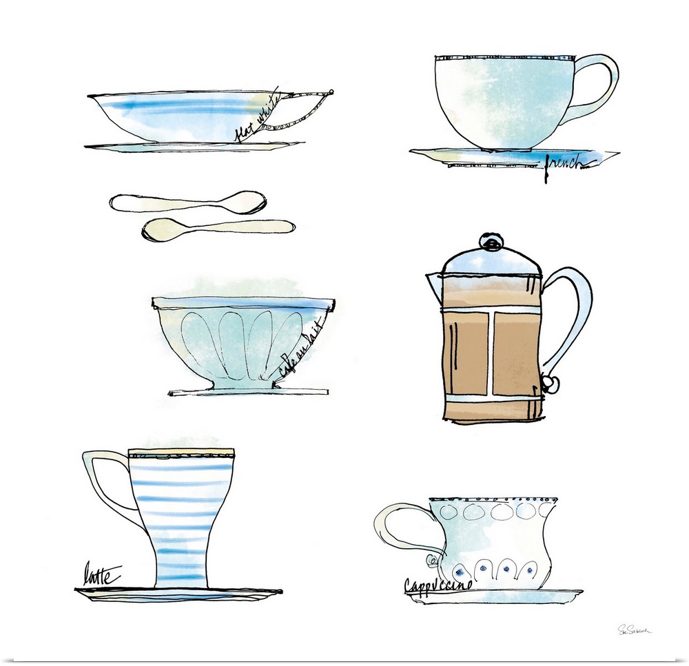 A series of cups and kettles for making coffee.