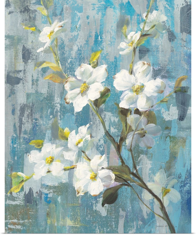 Decorative artwork of white blooming flowers on a branch with a textured blue background.