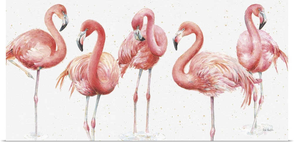 Horizontal watercolor painting of five pink flamingos standing next to each other with metallic gold highlights and dots.