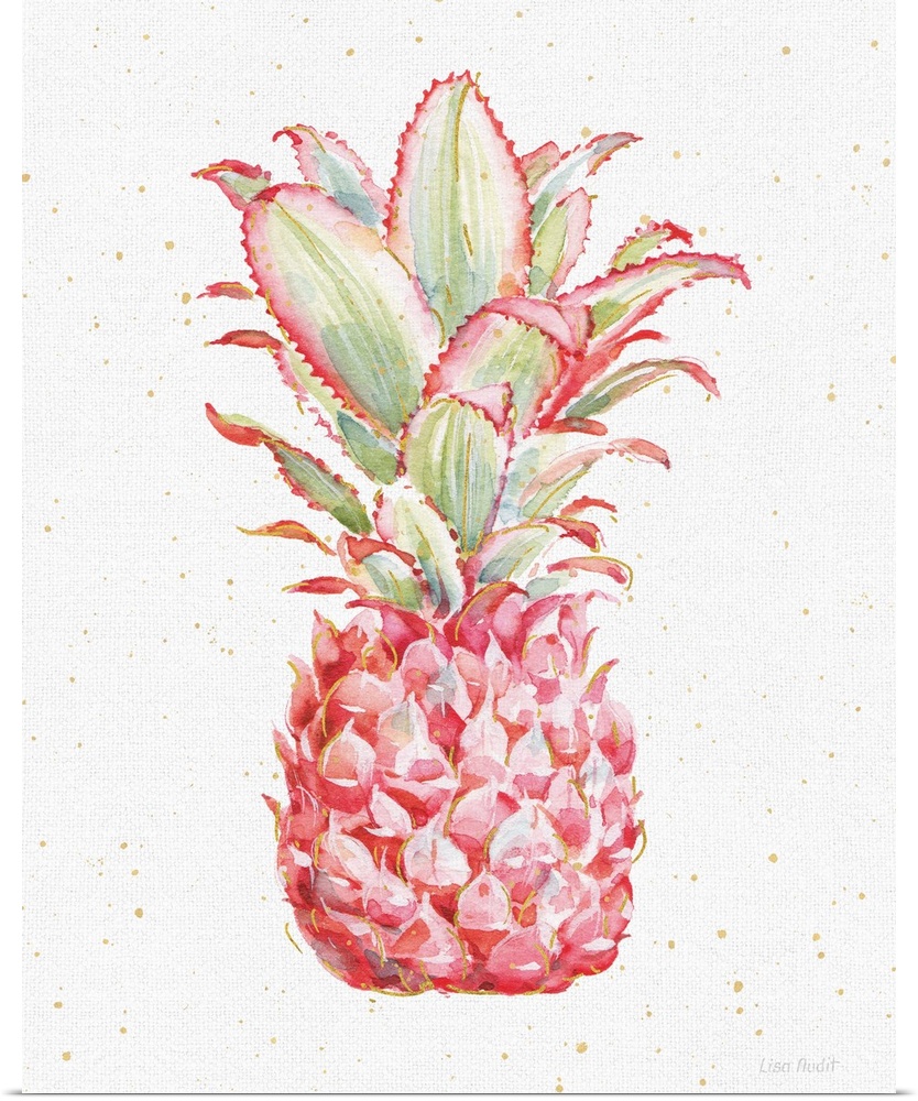 A tropical watercolor painting of a pink pineapple with metallic gold highlights and dots.