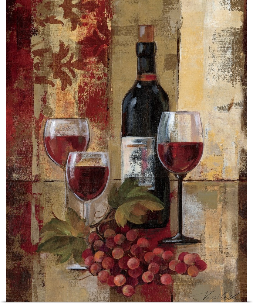Large contemporary art showcases a bottle of fermented grape juice sitting behind a group of three glasses filled with the...