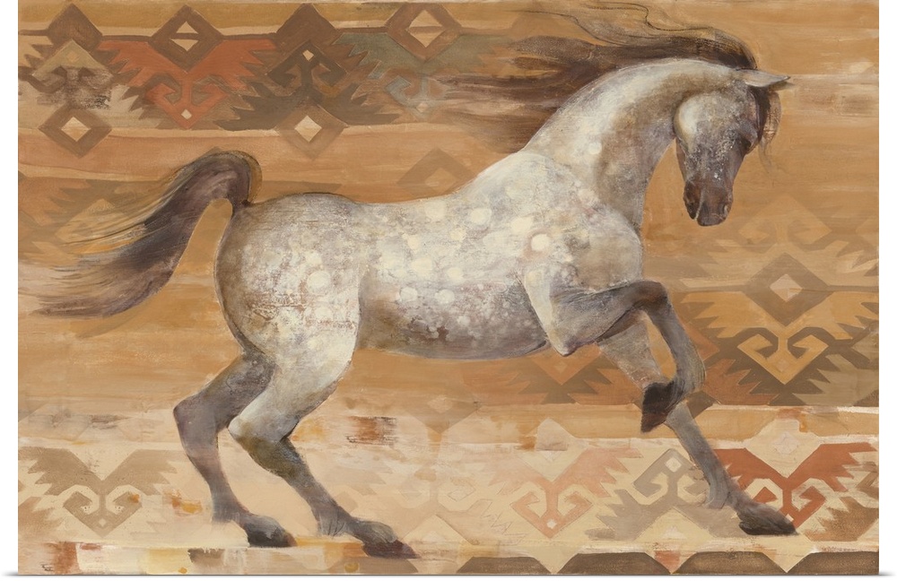 Painting of a grey appaloosa horse with southwestern designs.