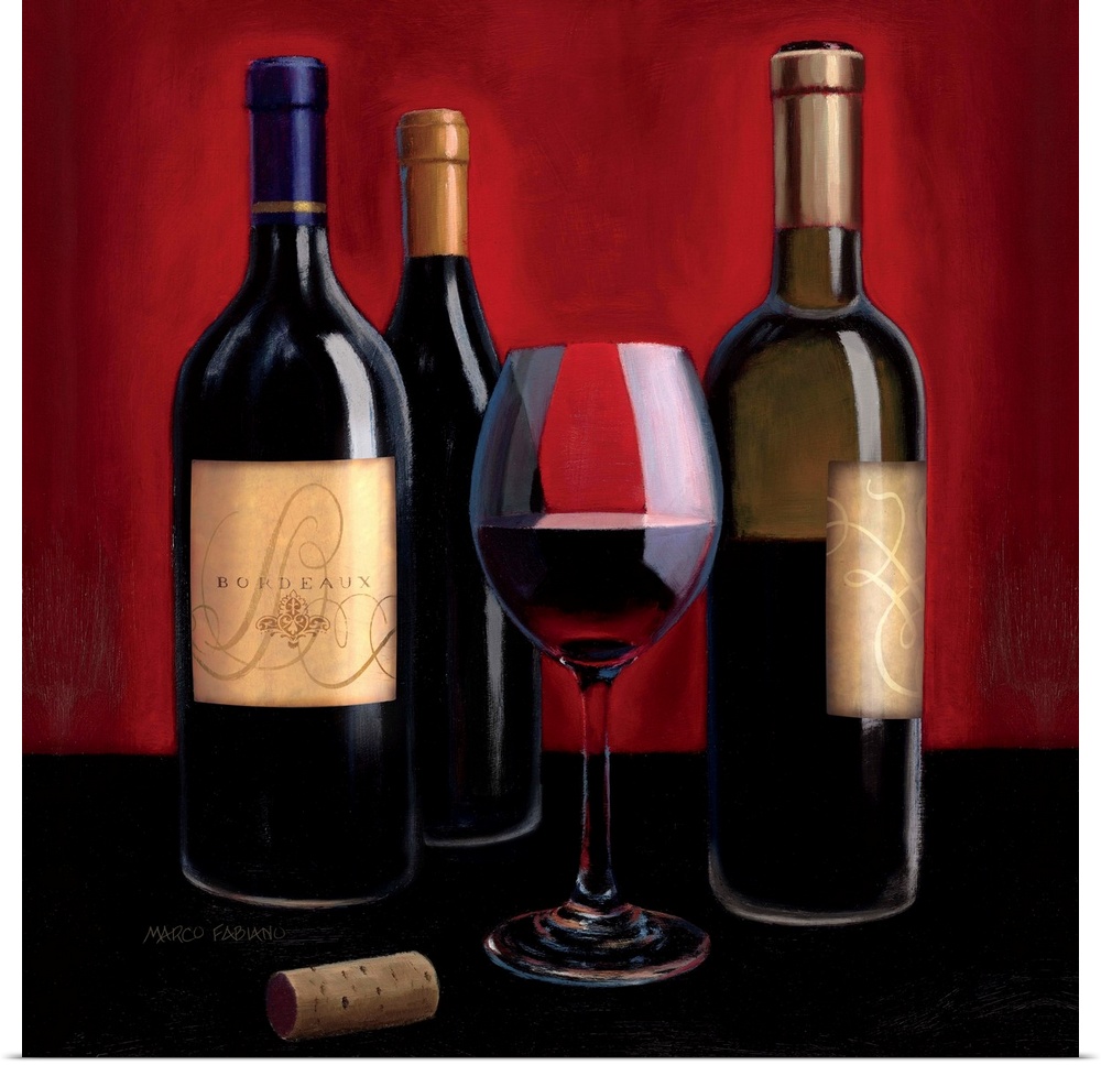 Contemporary painting of a glass of red wine surrounded by wine bottles.