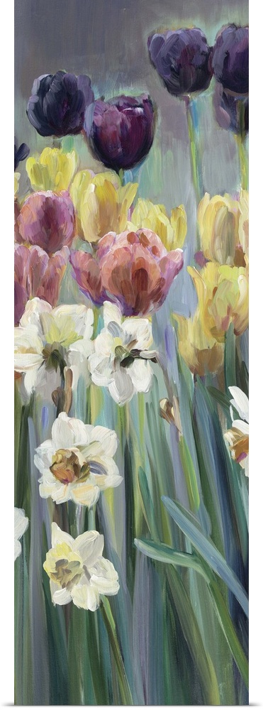 Contemporary painting of multi-colored flowers in a garden.