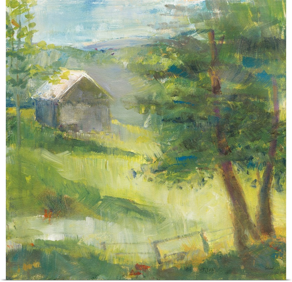 Square landscape painting of tree filled meadows in front of a gray barn with rolling hills in the background.