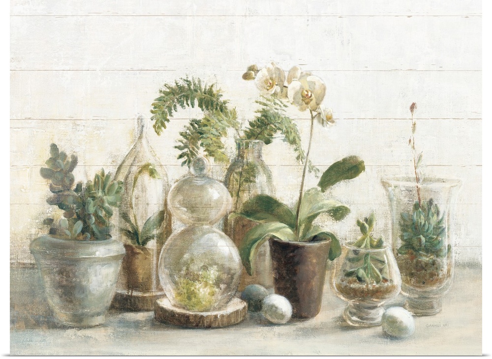A contemporary painting of a group of glass covered succulents and orchids against a white wood wall.