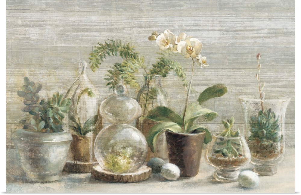 Contemporary still life painting of potted orchids and small terrariums.