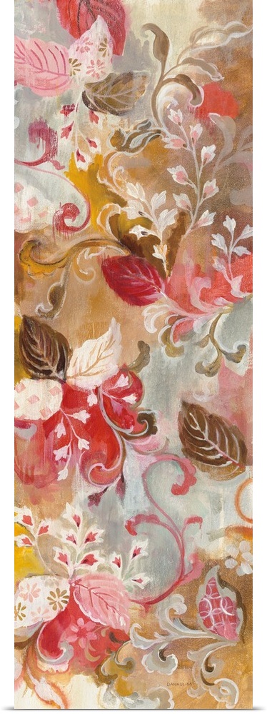 Tall painting of pink, white, and brown leaves and flowers with a red, gold, and grey background.
