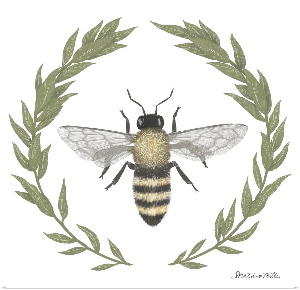 Square illustration of a bumblebee framed with a wreath of leaves.