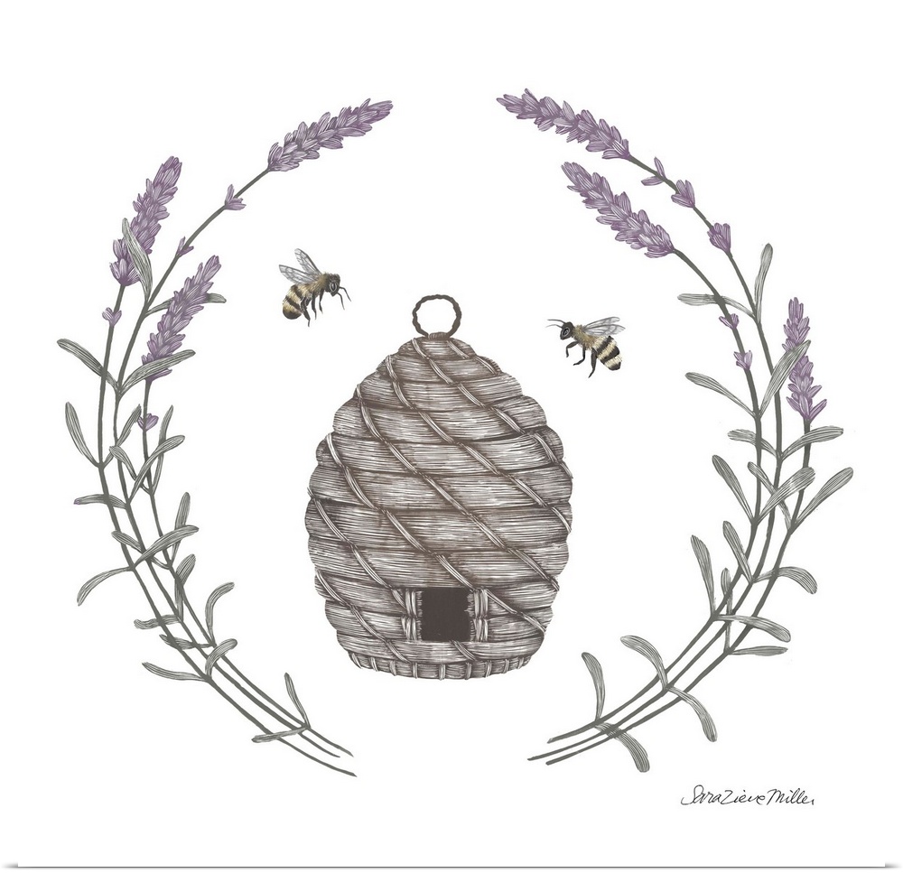Square illustration of a bumblebee hive framed with a wreath of lavender.