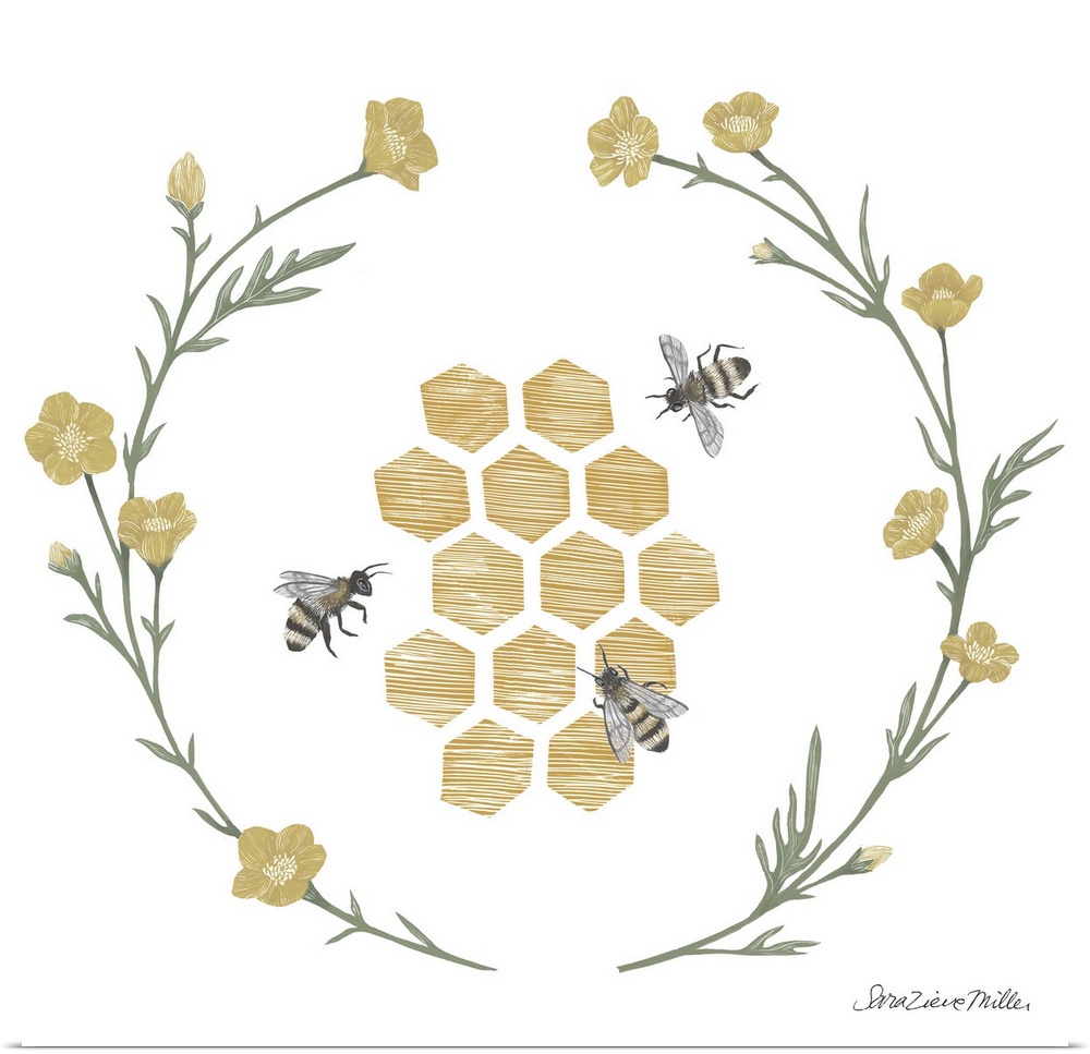 Square illustration of honeycomb with bumblebees framed with a wreath of flowers.