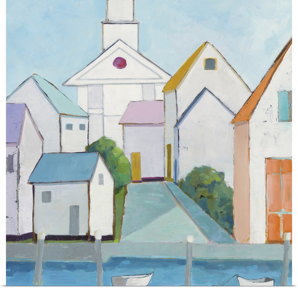 Contemporary painting of a harbor town with different colored buildings stacked nicely together and boats anchored in fron...