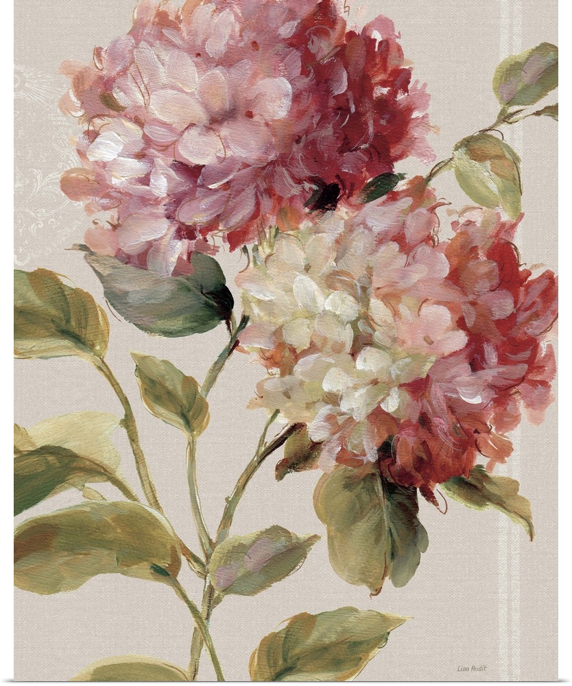 Contemporary painting of pink hydrangeas against a neutral background.