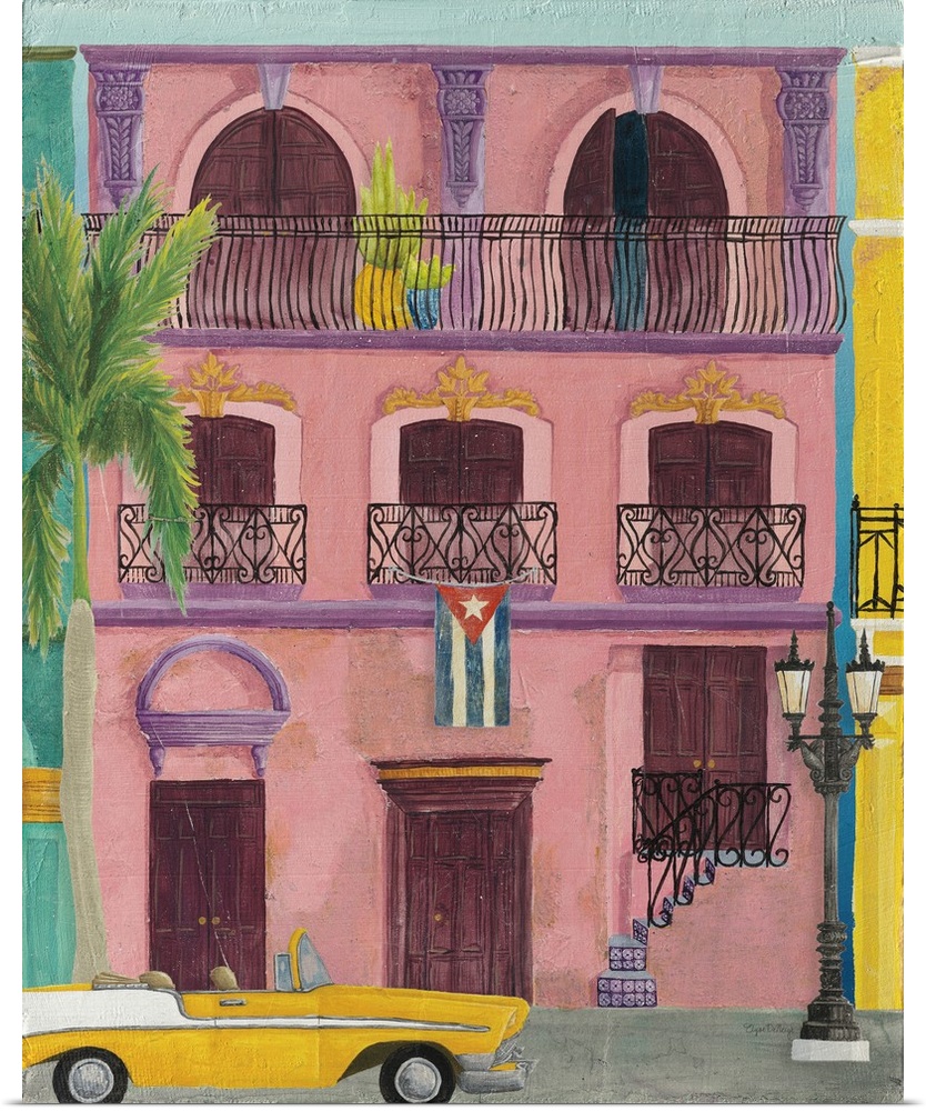 Vertical contemporary painting of a colorful pink building in Havana with a yellow vintage car parked out front.