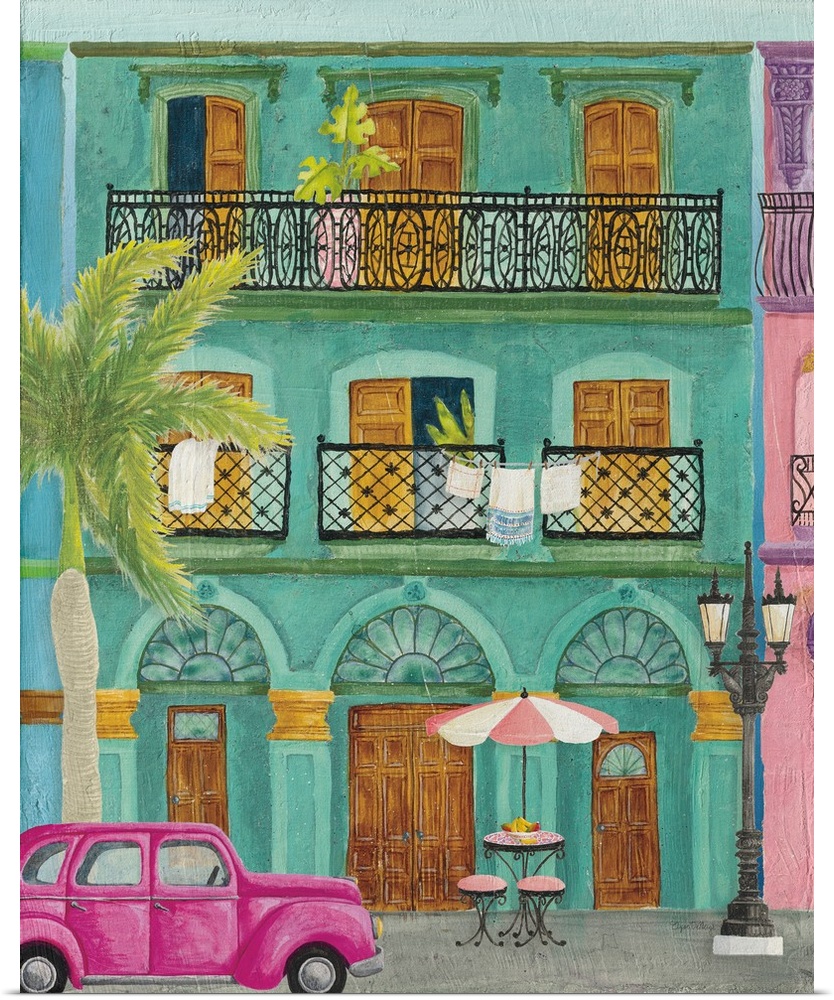 Vertical contemporary painting of a colorful teal building in Havana with a pink vintage car parked out front.