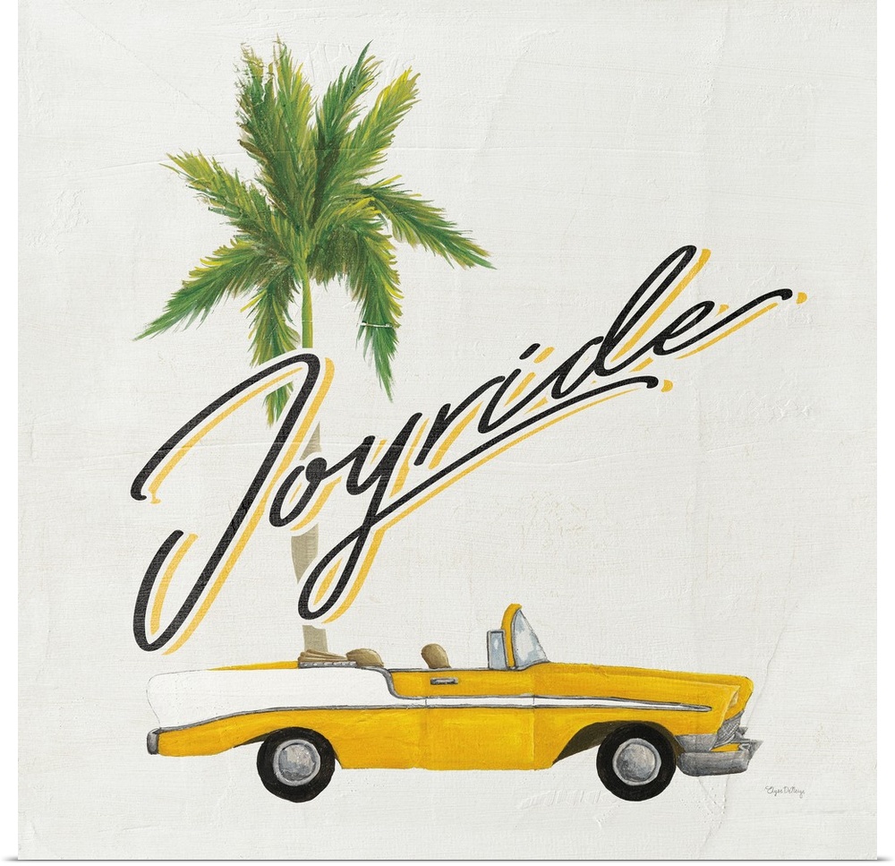 Square contemporary design of a classic car and palm tree with the text "Joyride".