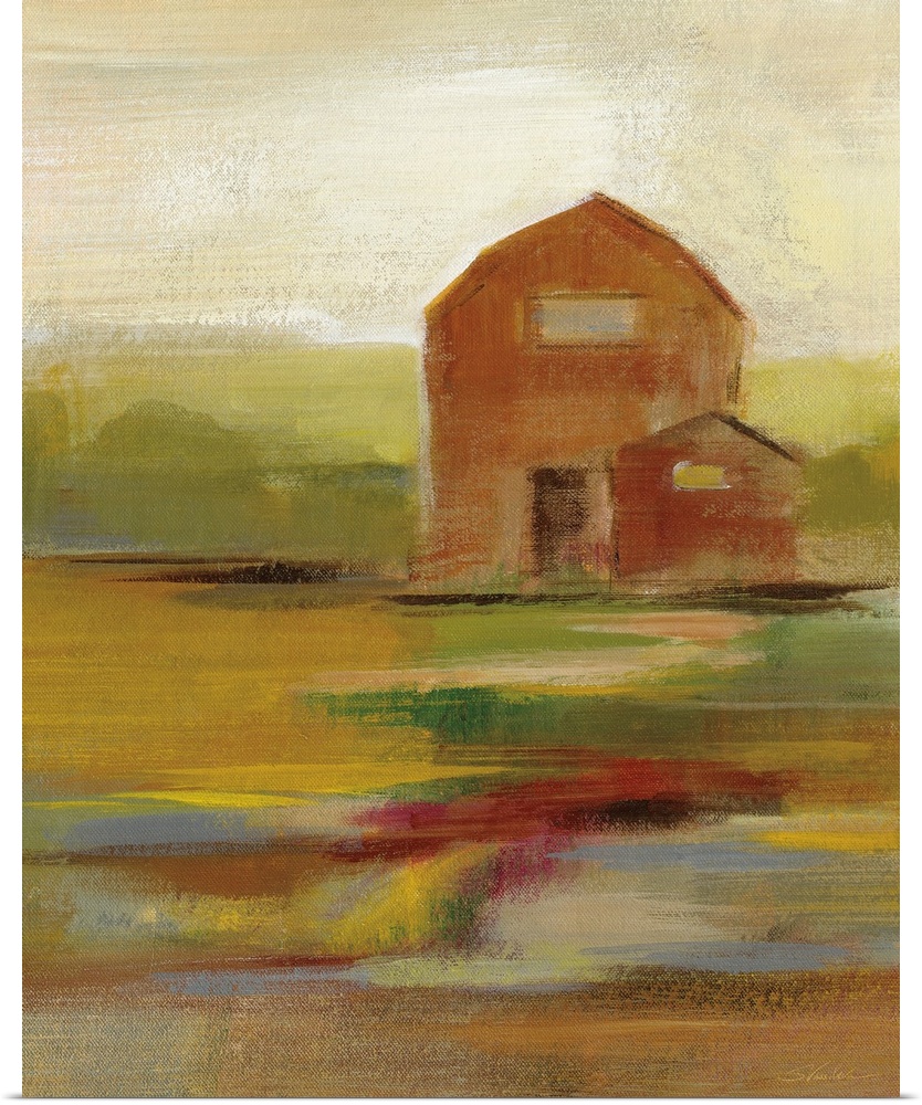 Contemporary painting of a barn with an abstract landscape in an Autumn color palette.