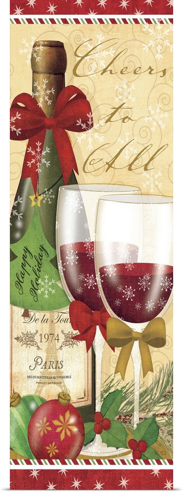 Contemporary artwork of a Christmas scene of glasses of red wine next to a bottle of wine.