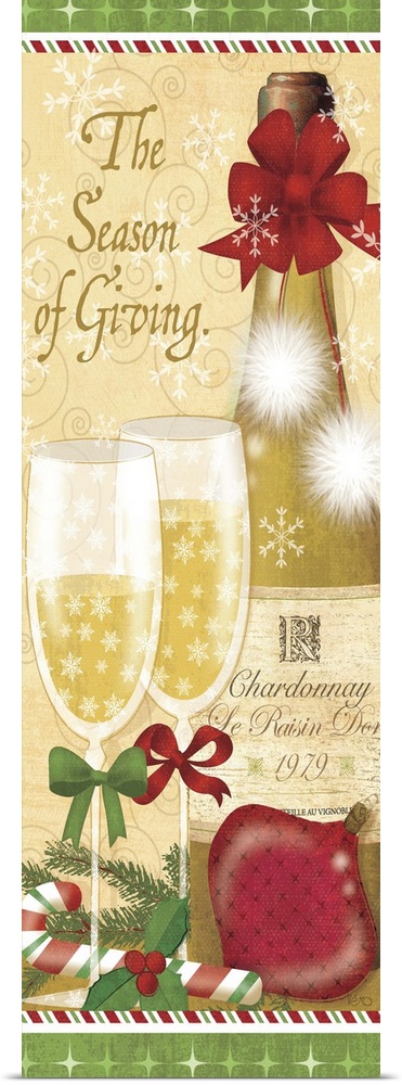 Contemporary artwork of a Christmas scene of glasses of champagne next to a champagne bottle.
