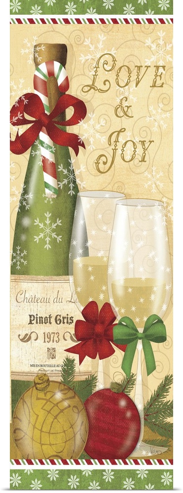 Contemporary artwork of a Christmas scene of glasses of white wine next to a bottle of wine.