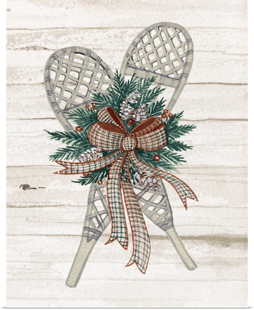 Holiday wreath with snowshoes on a off white planked wall.