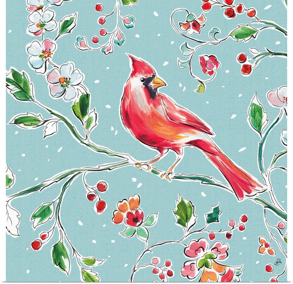 Seasonal decor of a cardinal perched on a branch with flowers and berries on a light blue background with snow falling.