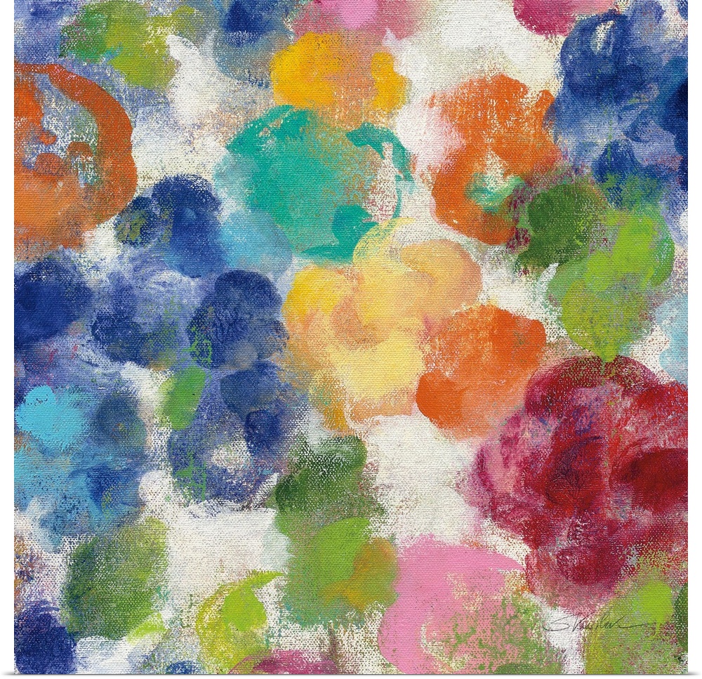 Decorative artwork of whimsical abstract florals in bright colors.