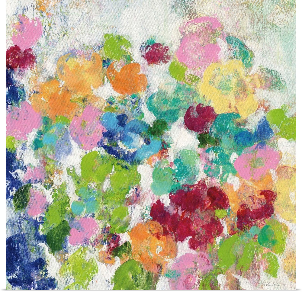 Square painting of bright, colorful flowers with a distress appearance.