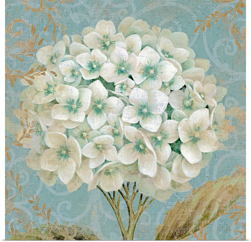 Large square painting of a bouquet of hydrangea flowers with other intricate designs lining the border of the artwork.