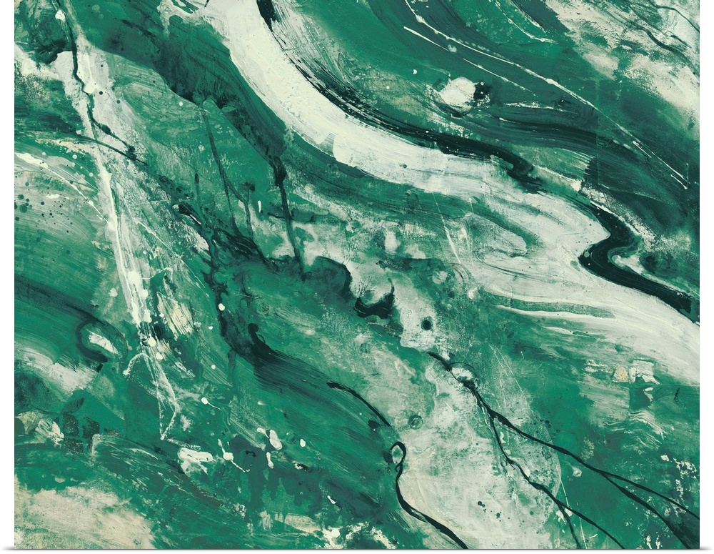 Contemporary abstract painting using green tones and resembling marble.