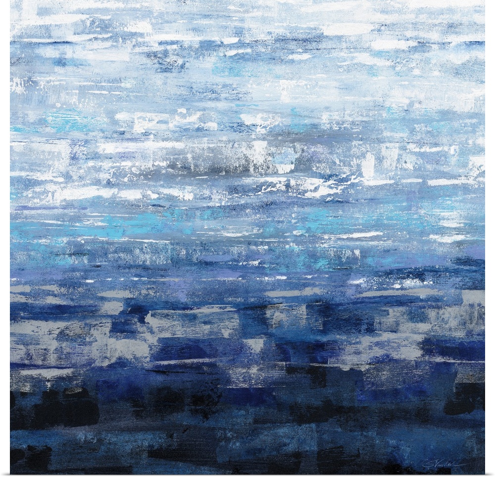 Square abstract painting of textured brush strokes in a gradient of shades of blue.