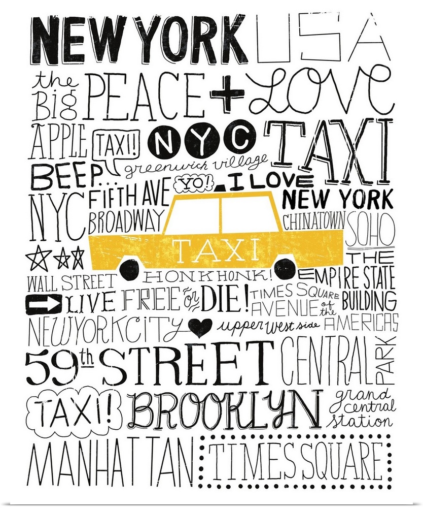 A creative design of a yellow taxi cab with words related to the city of New York all around it.