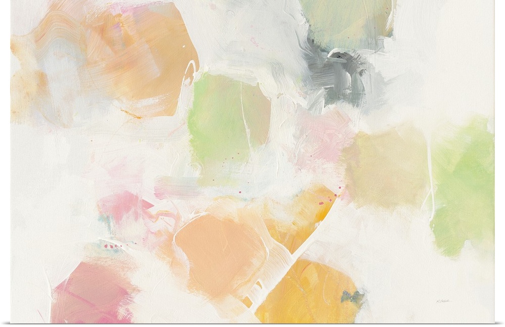 Large abstract art with soft blotches of green, pink, orange, and yellow hues on a grey and white background.