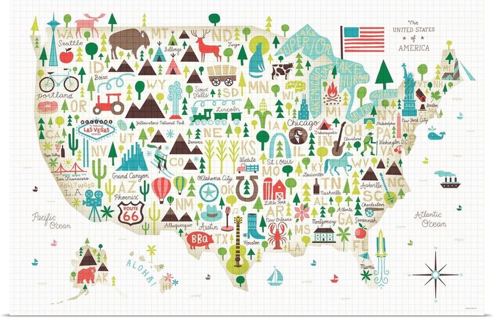 Contemporary illustration of an art map of USA.