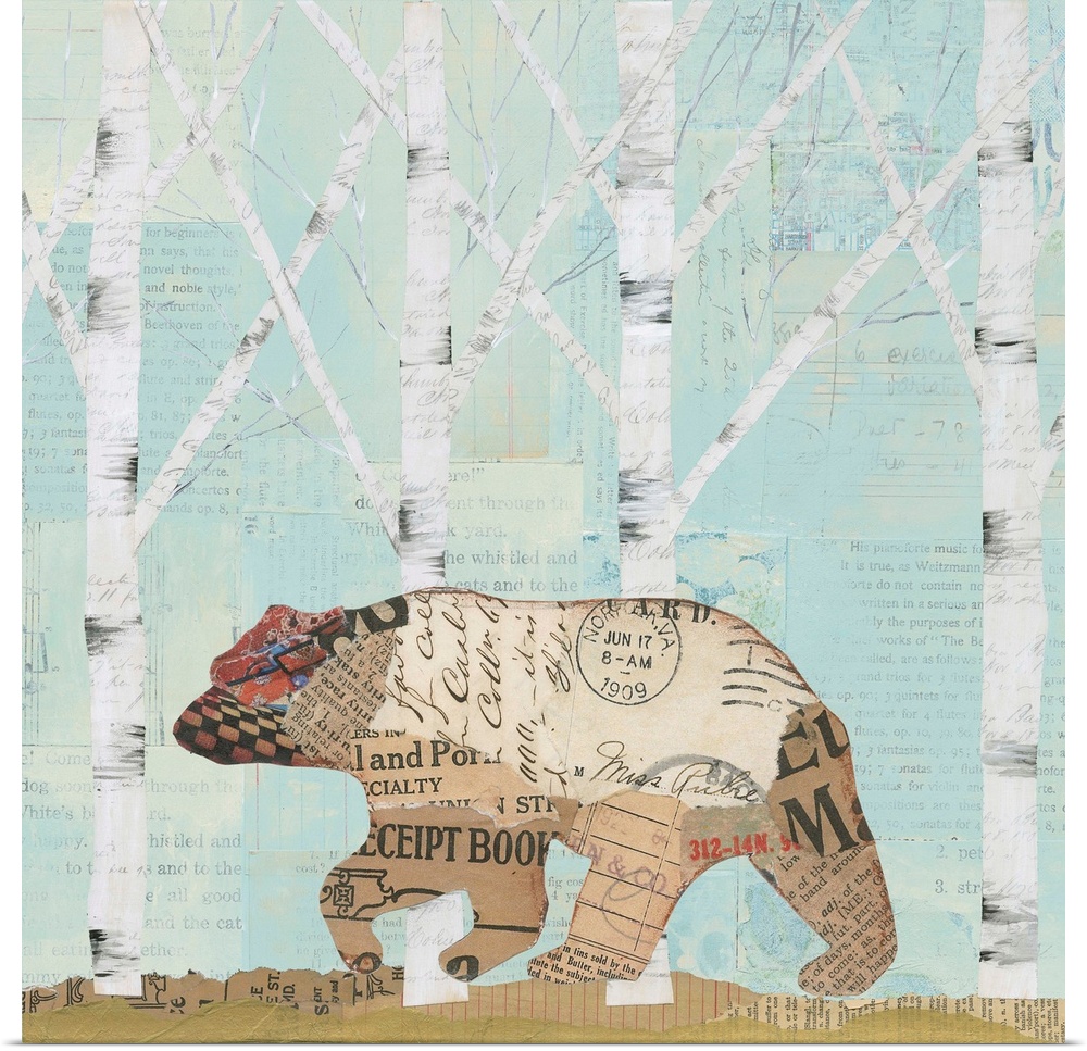Home decor artwork of a bear made from textiles and newsprint clippings against a pale blue forest background.
