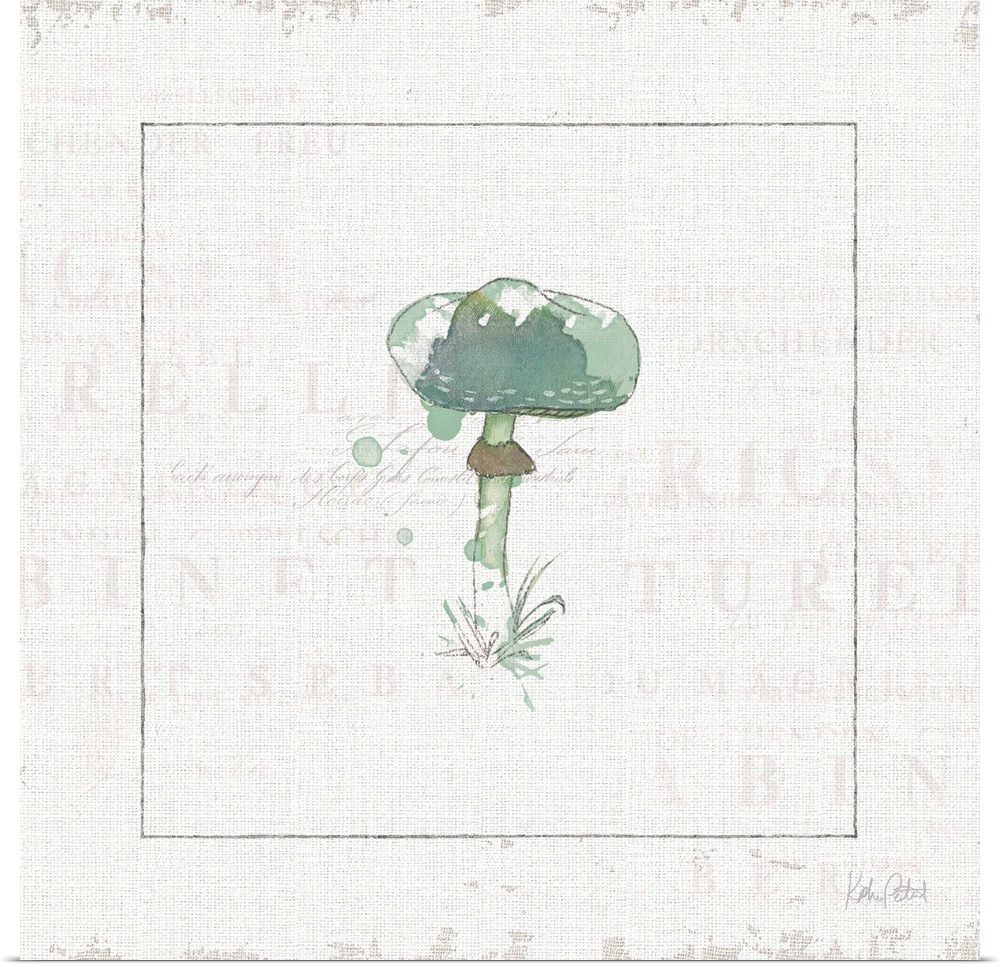 Square watercolor painting of a blue mushroom on a white textured background with faint text.