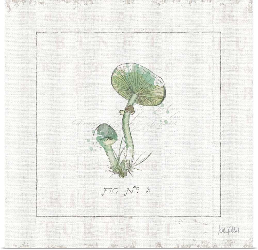 Square watercolor painting of a blue mushrooms on a white textured background with faint text.