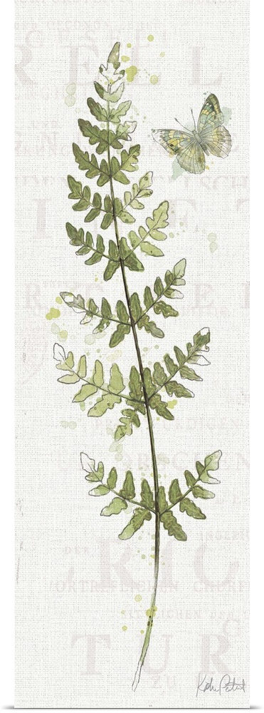 Tall rectangular watercolor painting of fern leaves with a butterfly on a textured white background with faint text.