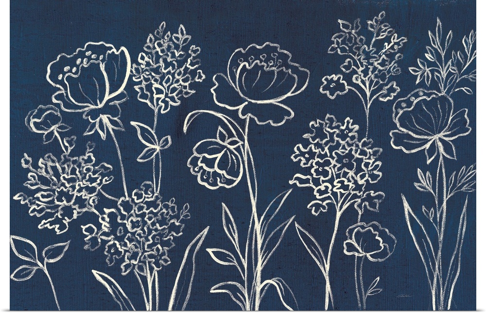 White outlines of wildflowers on an indigo background.