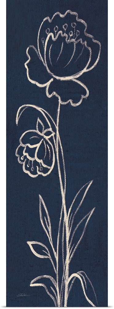 Tall, rectangular painting that has white outlines of two flowers with long stems on an indigo background.